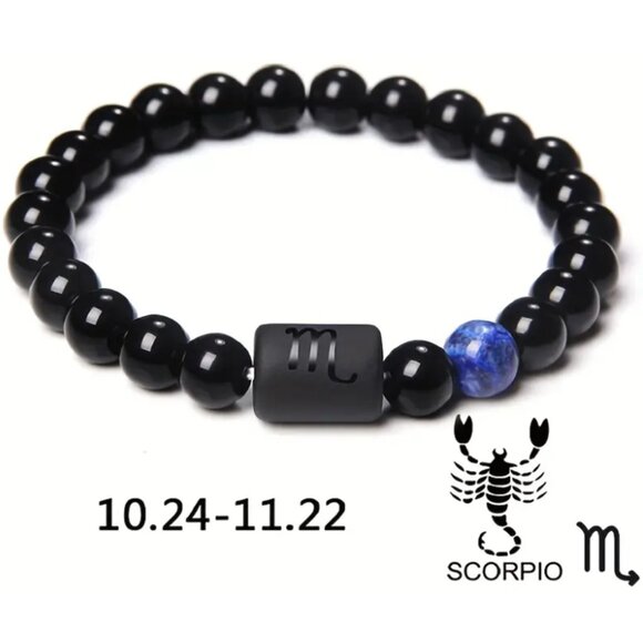 Scorpio Zodiac Signs Charm Bracelet Natural 8mm Black Onyx Stone Beads - Picture 1 of 1